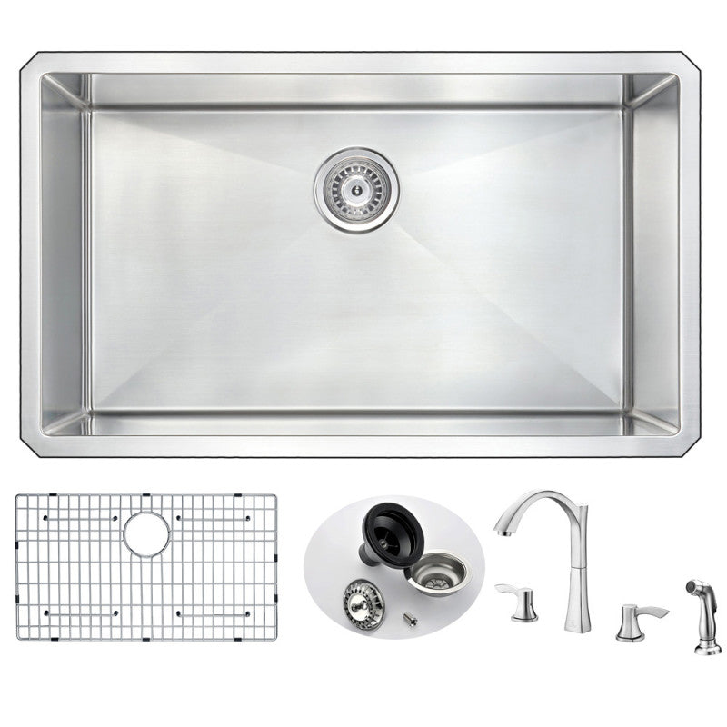 VANGUARD Undermount 32 in. Single Bowl Kitchen Sink with Soave Faucet in Brushed Nickel