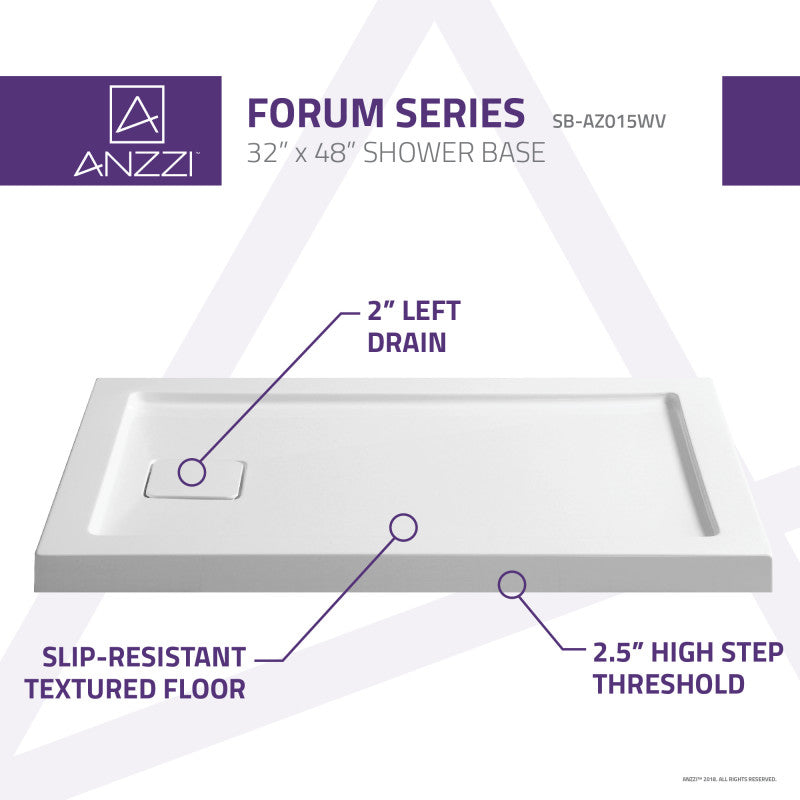Forum Base Series 48 in. L x 32 in. W Alcove Shower Shower Pan Base with Reversible Drain in Glossy White Marine Acrylic