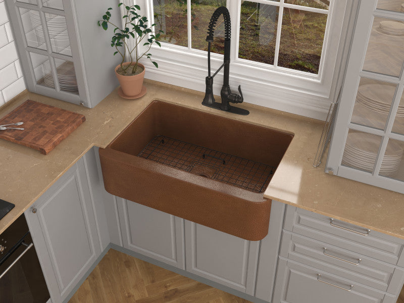 Miletus Farmhouse Handmade Copper 33 in. 0-Hole Single Bowl Kitchen Sink in Hammered Antique Copper