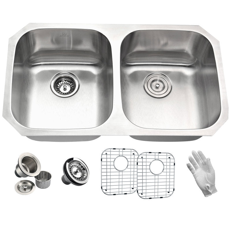 MOORE Undermount 32 in. Double Bowl Kitchen Sink with Locke Faucet in Polished Chrome