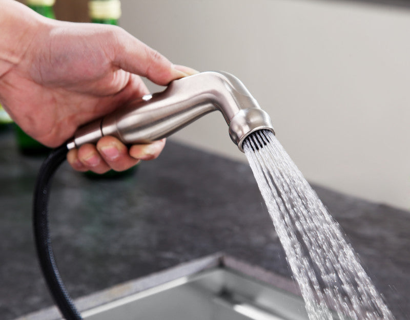Highland Single-Handle Standard Kitchen Faucet with Side Sprayer in Brushed Nickel