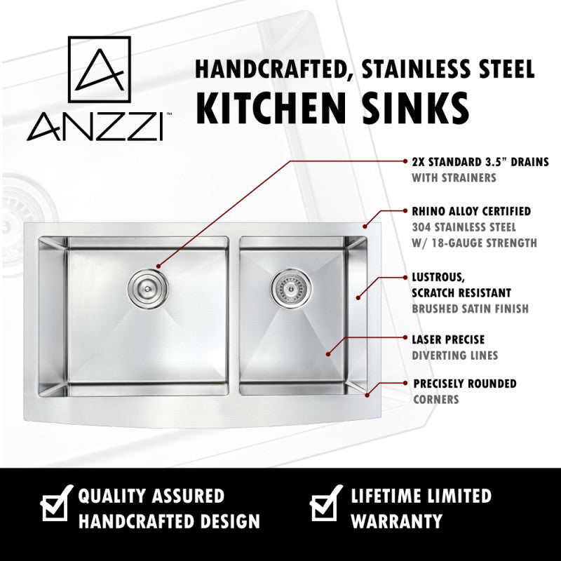 Elysian Farmhouse Stainless Steel 33 in. 0-Hole 60/40 Double Bowl Kitchen Sink in Brushed Satin