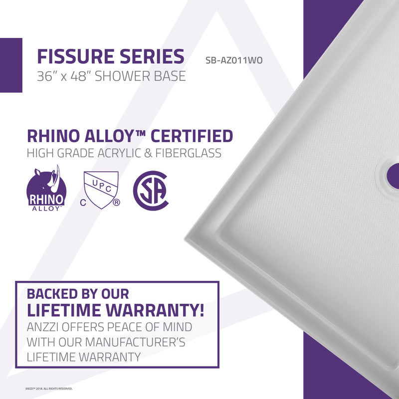 Fissure Base Series 36 in. L x 48 in. W Alcove Shower Shower Pan Base with Center Drain in Glossy White Marine Acrylic