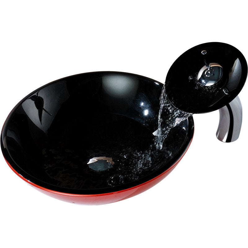 Chord Series Deco-Glass Vessel Sink in Lustrous Black and Red with Matching Chrome Waterfall Faucet
