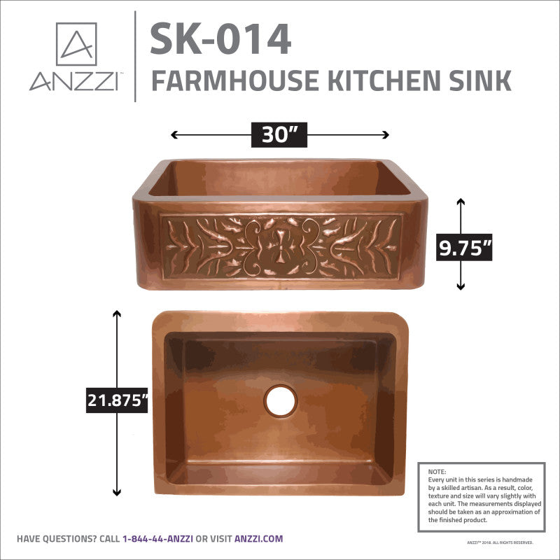 Florina Farmhouse Handmade Copper 30 in. 0-Hole Single Bowl Kitchen Sink with Flower Design Panel in Polished Antique Copper