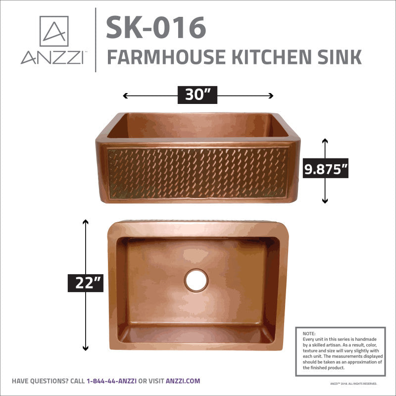Edessa Farmhouse Handmade Copper 30 in. 0-Hole Single Bowl Kitchen Sink with Weave Design Panel in Polished Antique Copper