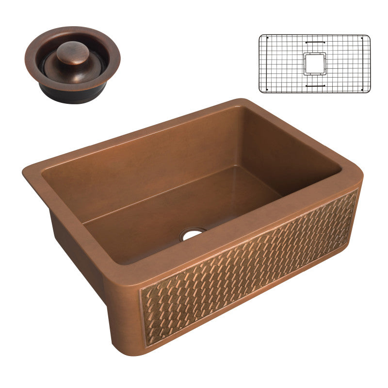 Edessa Farmhouse Handmade Copper 30 in. 0-Hole Single Bowl Kitchen Sink with Weave Design Panel in Polished Antique Copper