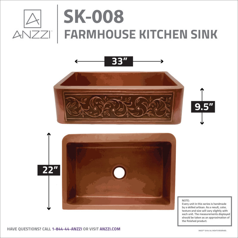 Tripolis Farmhouse Handmade Copper 33 in. 0-Hole Single Bowl Kitchen Sink with Floral Design Panel in Polished Antique Copper