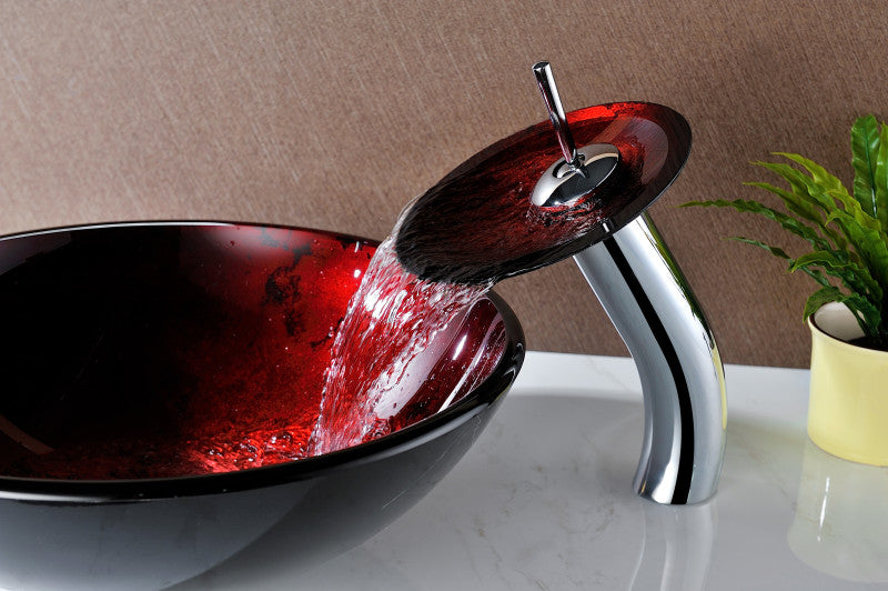 Marumba Deco-Glass Vessel Sink in Tempered Red and Black with Matching Chrome Waterfall Faucet