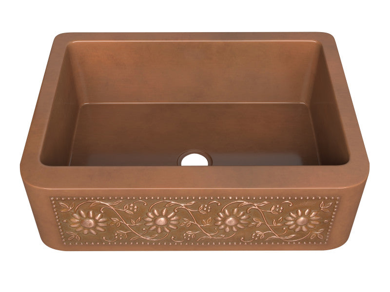 Cilicia Farmhouse Handmade Copper 30 in. 0-Hole Single Bowl Kitchen Sink with Daisy Design Panel in Polished Antique Copper