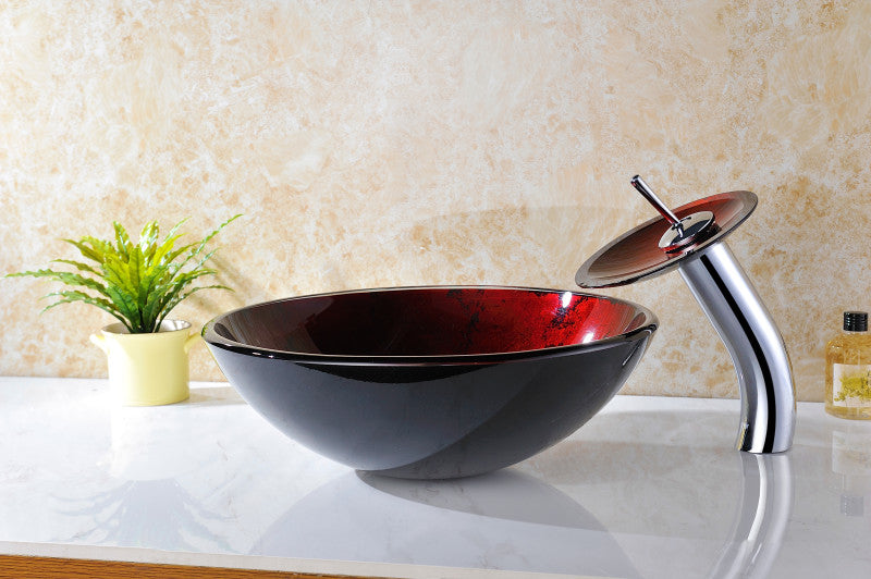 Marumba Deco-Glass Vessel Sink in Tempered Red and Black with Matching Chrome Waterfall Faucet