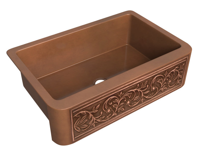 Tripolis Farmhouse Handmade Copper 33 in. 0-Hole Single Bowl Kitchen Sink with Floral Design Panel in Polished Antique Copper