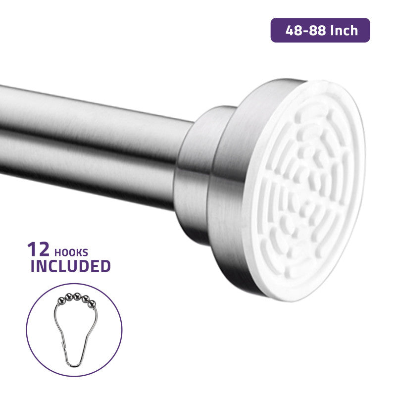 ANZZI 48-88 Inches Shower Curtain Rod with Shower Hooks in Brushed Nickel | Adjustable Tension Shower Doorway Curtain Rod | Rust Resistant No Drilling Anti-Slip Bar for Bathroom | AC-AZSR88BN