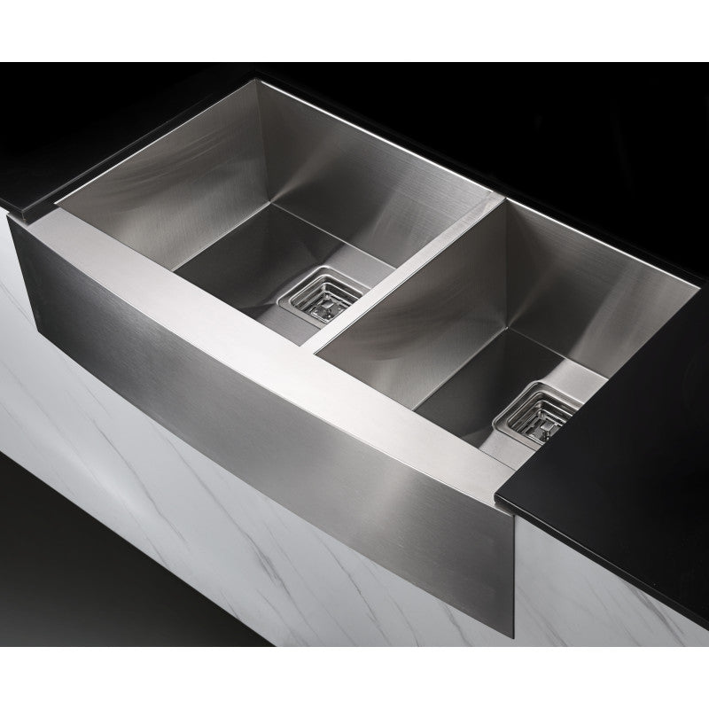 Elysian Farmhouse 36 in. 60/40 Double Bowl Kitchen Sink with Faucet in Brushed Nickel