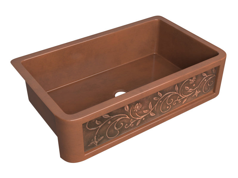 Mytilene Farmhouse Handmade Copper 36 in. 0-Hole Single Bowl Kitchen Sink with Floral Design Panel in Polished Antique Copper