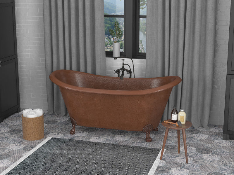 BT-013 - Aeris 66 in. Handmade Copper Double Slipper Clawfoot Non-Whirlpool Bathtub in Hammered Antique Copper