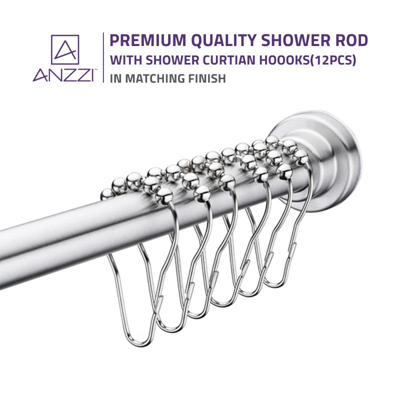 ANZZI 48-88 Inches Shower Curtain Rod with Shower Hooks in Brushed Nickel | Adjustable Tension Shower Doorway Curtain Rod | Rust Resistant No Drilling Anti-Slip Bar for Bathroom | AC-AZSR88BN