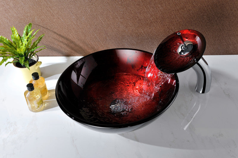 Marumba Deco-Glass Vessel Sink in Tempered Red and Black with Matching Chrome Waterfall Faucet