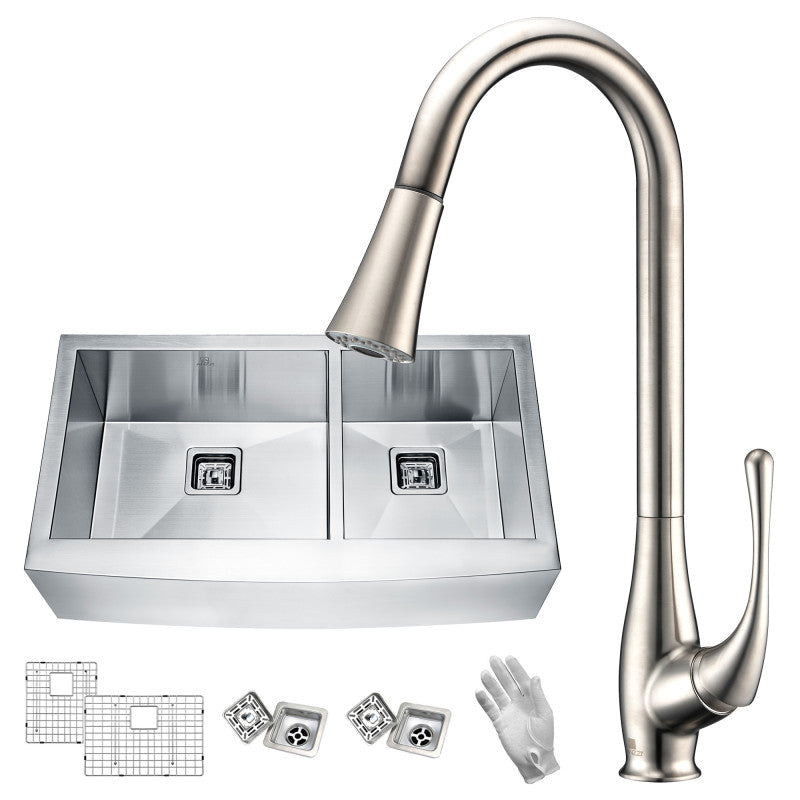 Elysian Farmhouse 33 in. 60/40 Double Bowl Kitchen Sink with Faucet in Brushed Nickel