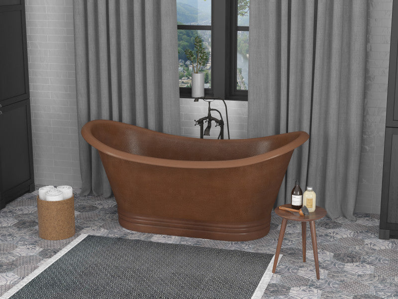 BT-007 - Nero 70 in. Handmade Copper Double Slipper Flatbottom Non-Whirlpool Bathtub in Hammered Antique Copper