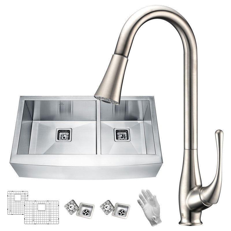 Elysian Farmhouse 36 in. 60/40 Double Bowl Kitchen Sink with Faucet in Brushed Nickel