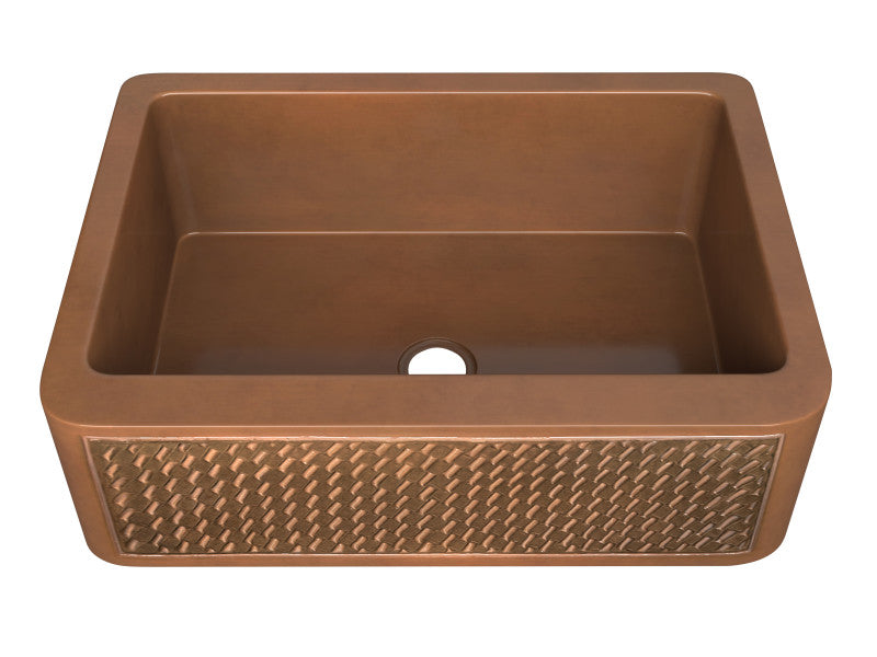 Edessa Farmhouse Handmade Copper 30 in. 0-Hole Single Bowl Kitchen Sink with Weave Design Panel in Polished Antique Copper