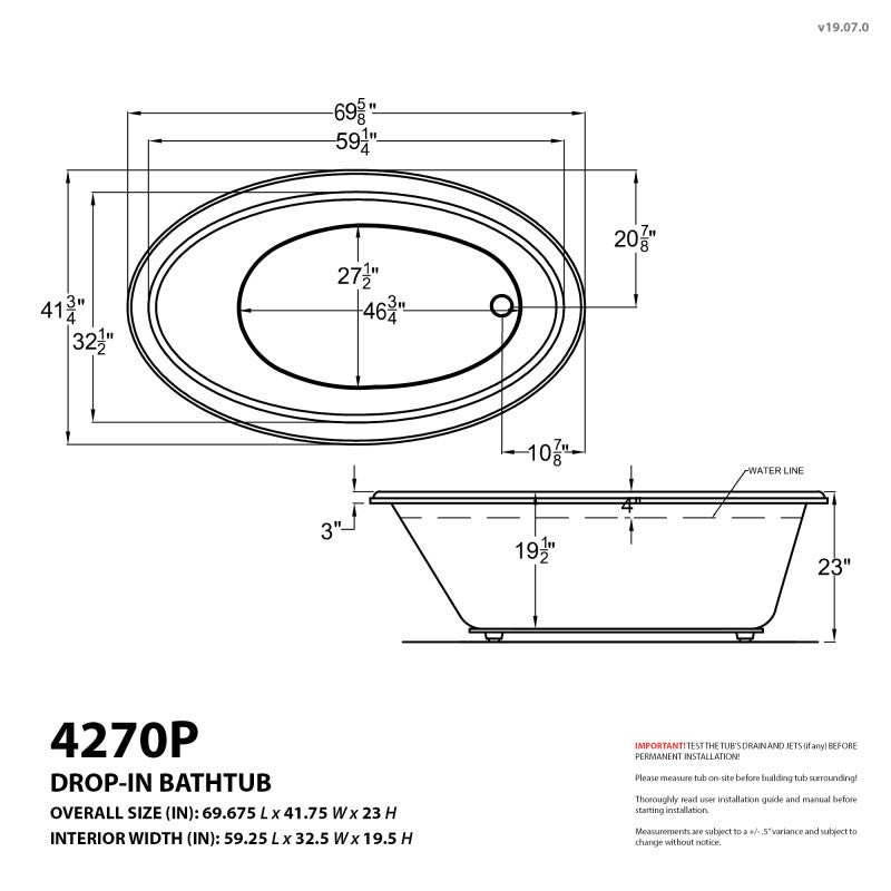 Atlantis Whirlpools Petite 42 x 70 Oval Soaking Bathtub