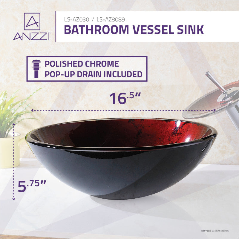 Marumba Deco-Glass Vessel Sink in Tempered Red and Black with Matching Chrome Waterfall Faucet