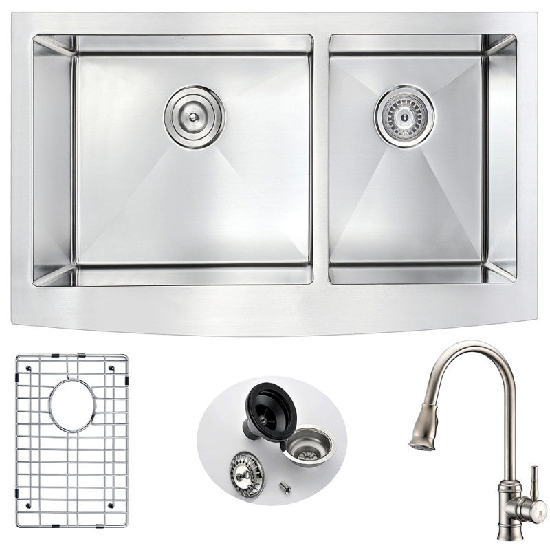 Elysian Farmhouse 36 in. Double Bowl Kitchen Sink with Sails Faucet in Brushed Nickel
