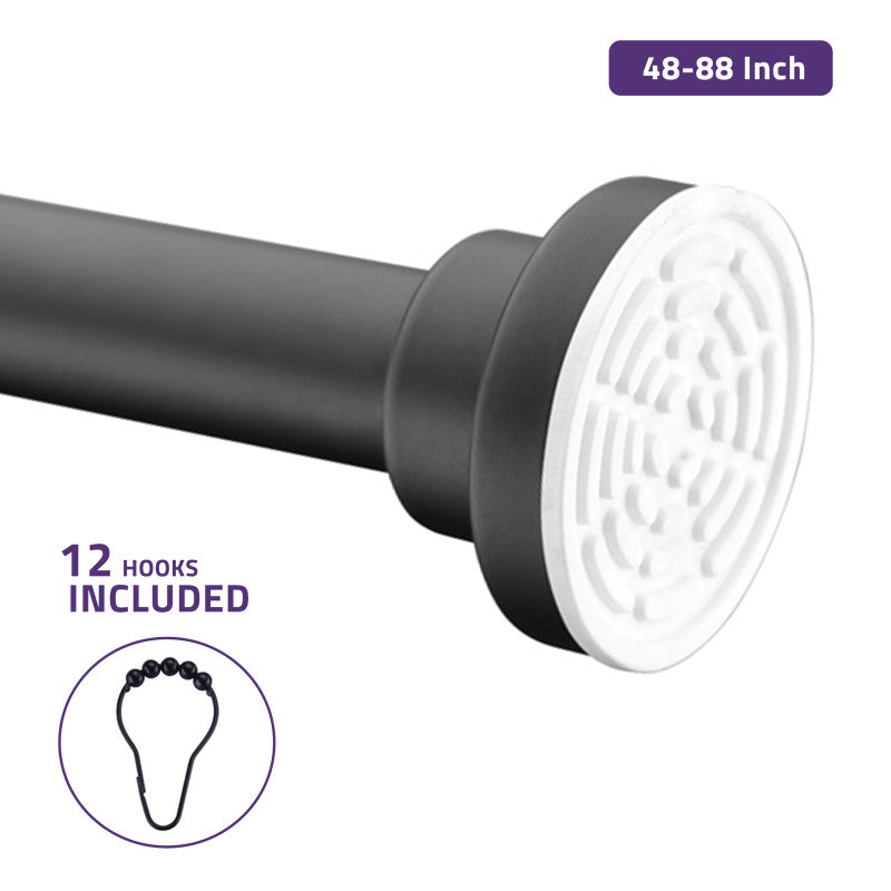 ANZZI 48-88 Inches Shower Curtain Rod with Shower Hooks in Matt Black | Adjustable Tension Shower Doorway Curtain Rod | Rust Resistant No Drilling Anti-Slip Bar for Bathroom | AC-AZSR88MB