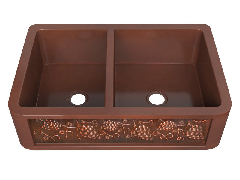 Dalmatia Farmhouse Handmade Copper 33 in. 40/60 Double Bowl Kitchen Sink with Grape Vine Design in Polished Antique Copper