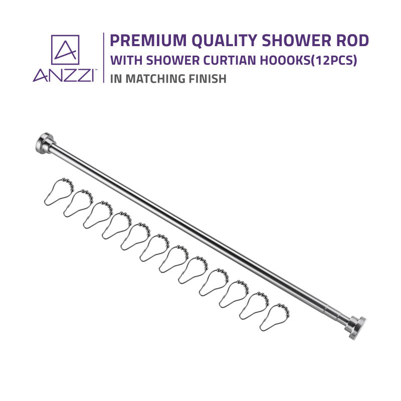 ANZZI 35-55 Inches Shower Curtain Rod with Shower Hooks in Brushed Nickel | Adjustable Tension Shower Doorway Curtain Rod | Rust Resistant No Drilling Anti-Slip Bar for Bathroom | AC-AZSR55BN