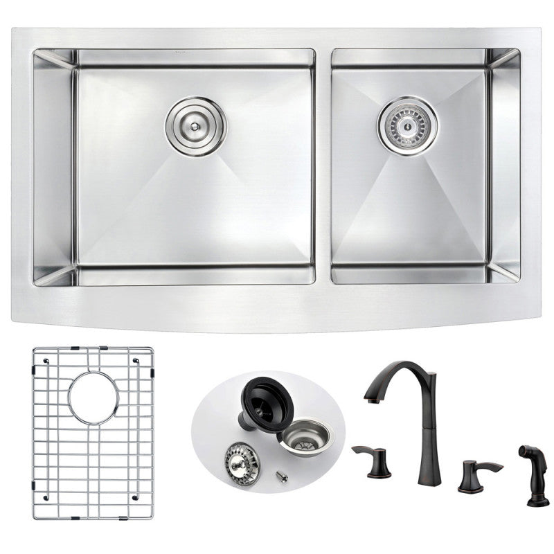 Elysian Farmhouse 33 in. Double Bowl Kitchen Sink with Soave Faucet in Oil Rubbed Bronze