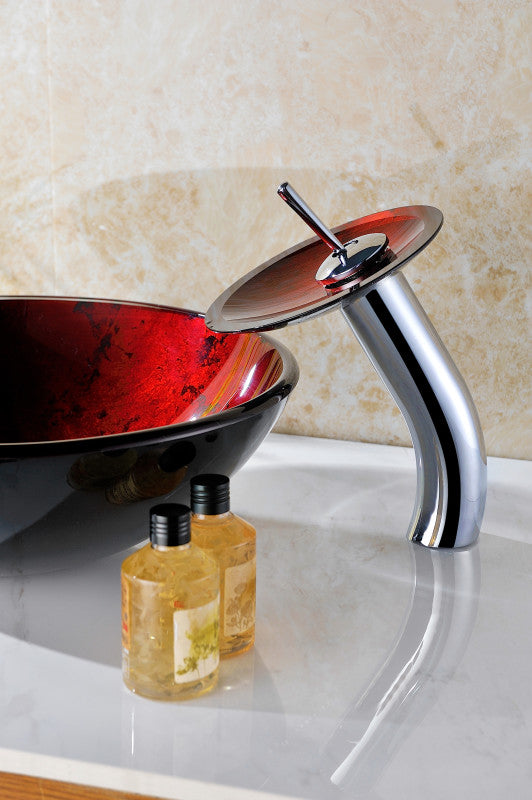 Marumba Deco-Glass Vessel Sink in Tempered Red and Black with Matching Chrome Waterfall Faucet