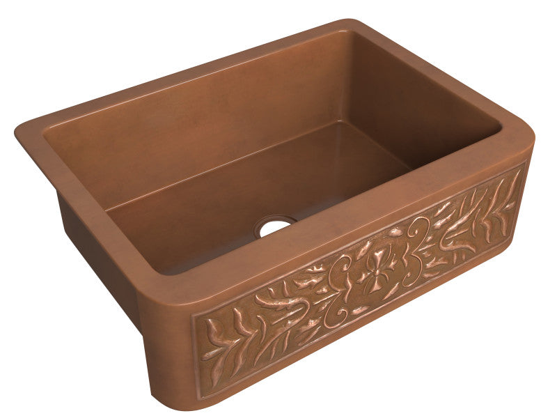 Florina Farmhouse Handmade Copper 30 in. 0-Hole Single Bowl Kitchen Sink with Flower Design Panel in Polished Antique Copper