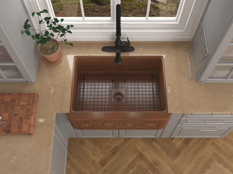 Cilicia Farmhouse Handmade Copper 30 in. 0-Hole Single Bowl Kitchen Sink with Daisy Design Panel in Polished Antique Copper