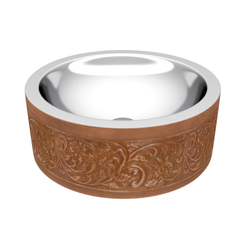Fleet 16 in. Handmade Vessel Sink in Polished Antique Copper with Floral Design Exterior