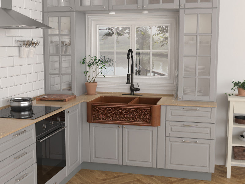 Moesia Farmhouse Handmade Copper 33 in. 60/40 Double Bowl Kitchen Sink with Floral Design in Polished Antique Copper