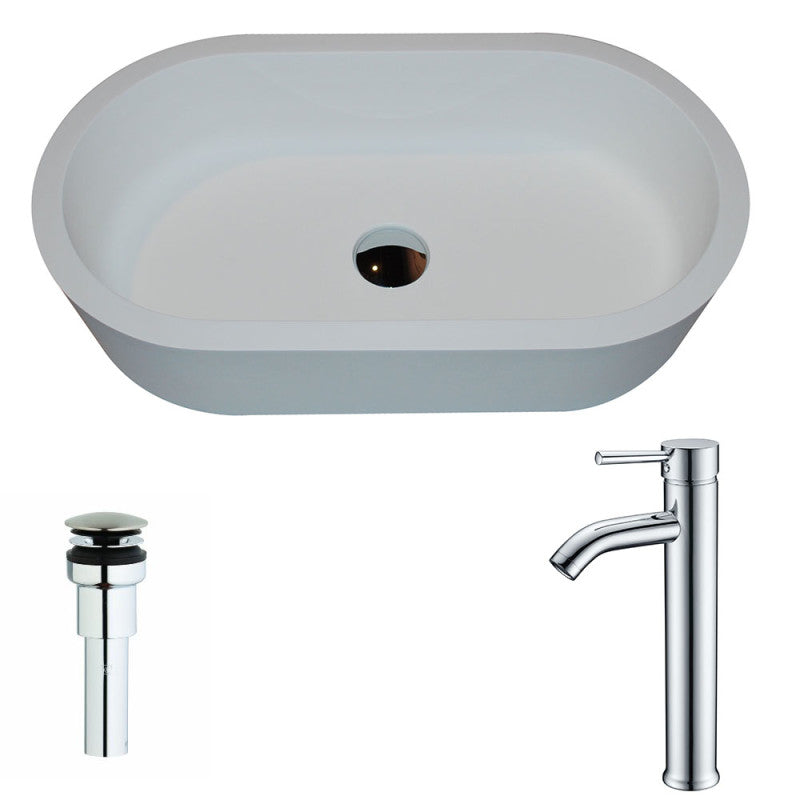 Vaine Series 1-Piece Solid Surface Vessel Sink in Matte White with Fann Faucet in Polished Chrome