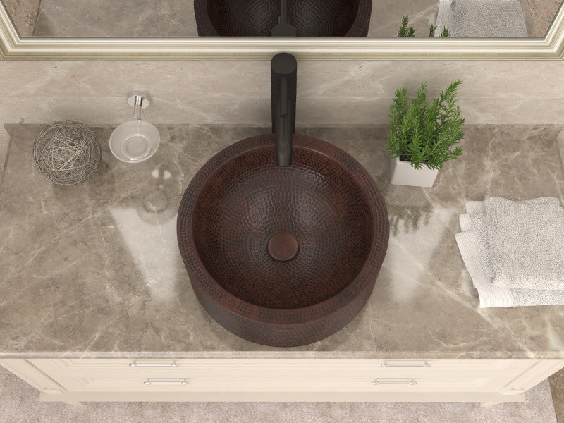 Triens Series 16 in. L x 16. W Handcrafted Round Bathroom Vessel Sink with Center Push Drain in Hammered Antique Copper