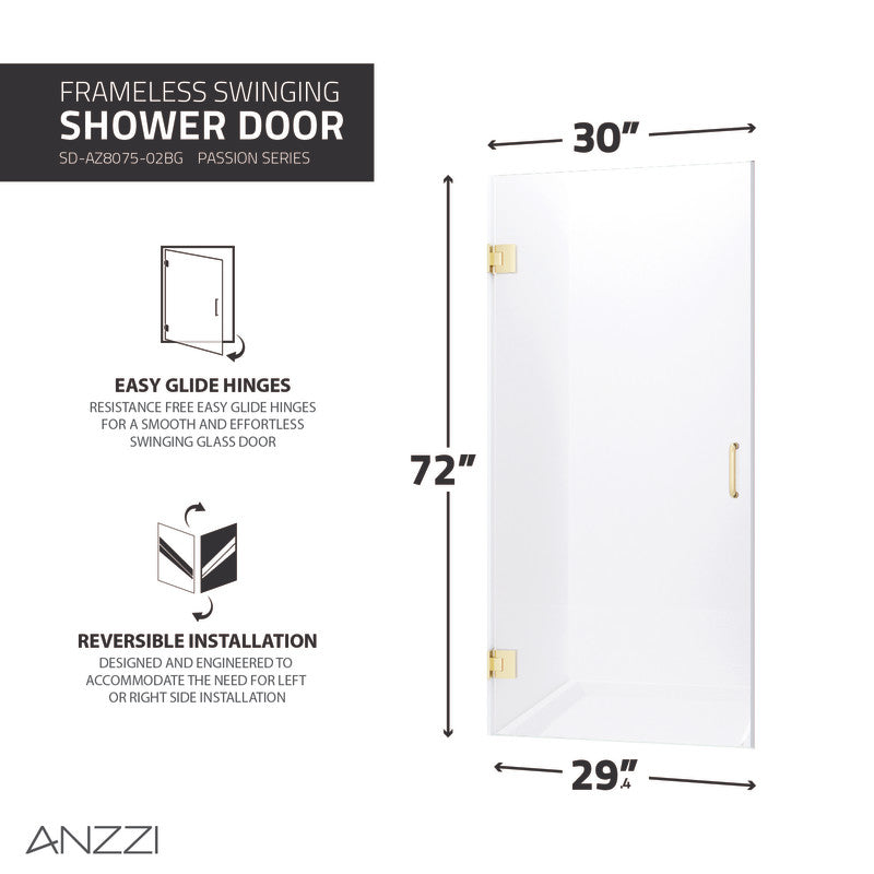 Passion Series 30 in. by 72 in. Frameless Hinged Shower Door in Brushed Gold with Handle