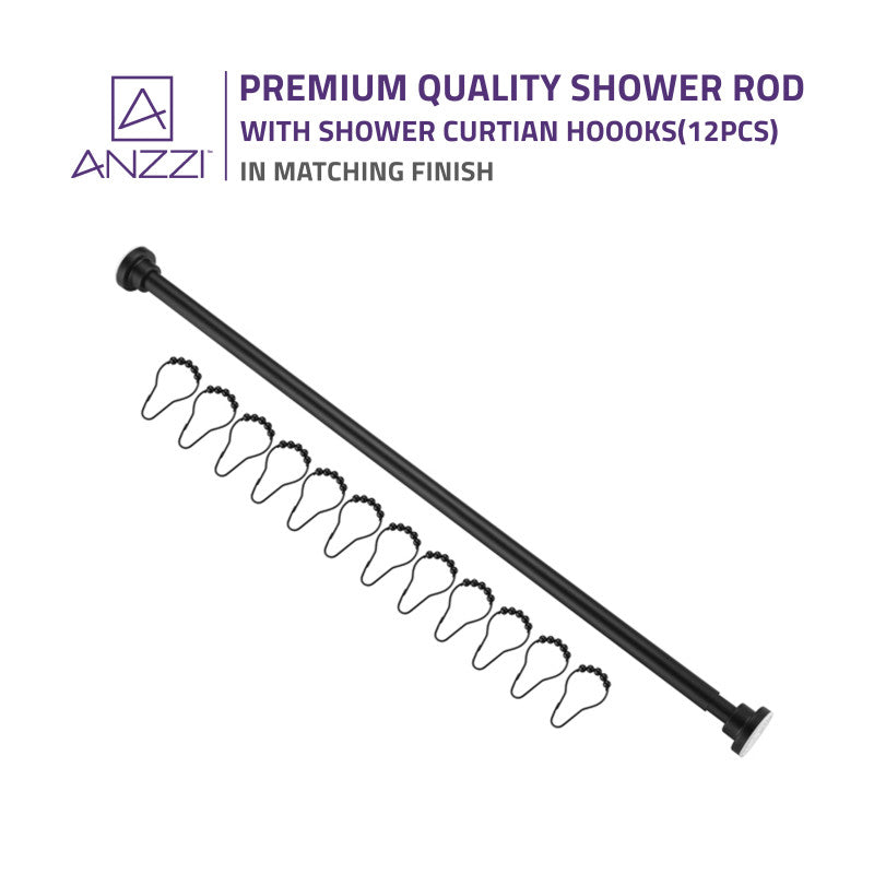 ANZZI 35-55 Inches Shower Curtain Rod with Shower Hooks in Matt Black | Adjustable Tension Shower Doorway Curtain Rod | Rust Resistant No Drilling Anti-Slip Bar for Bathroom | AC-AZSR55MB