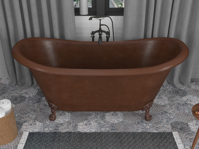 Aeris 66 in. Handmade Copper Double Slipper Clawfoot Non-Whirlpool Bathtub in Hammered Antique Copper