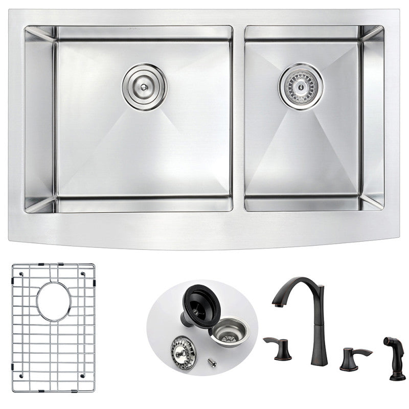 Elysian Farmhouse 36 in. Double Bowl Kitchen Sink with Soave Faucet in Oil Rubbed Bronze