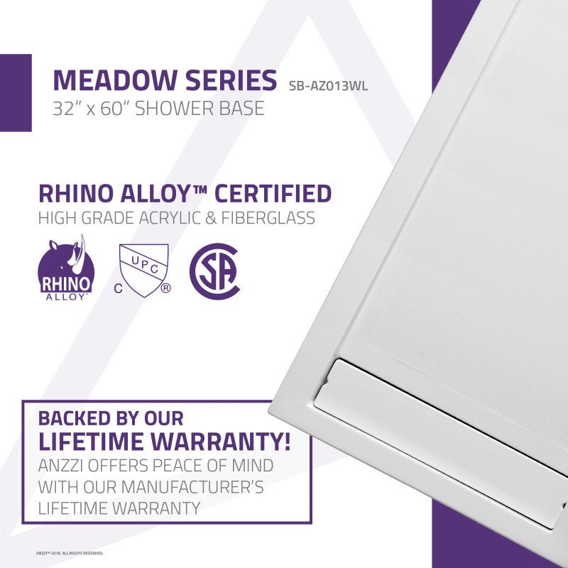 Meadow Base Series 60 in. L x 32 in. W Alcove Shower Shower Pan Base with Reversible Drain in Glossy White Acrylic