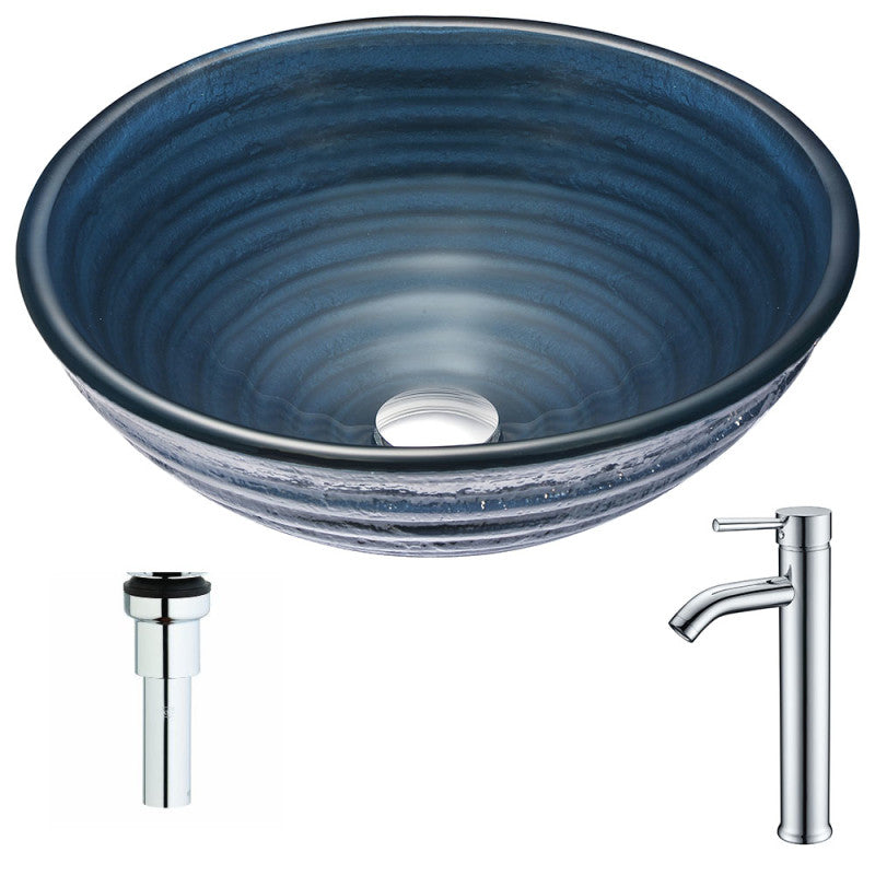 Tempo Series Deco-Glass Vessel Sink in Coiled Blue with Fann Faucet in Polished Chrome