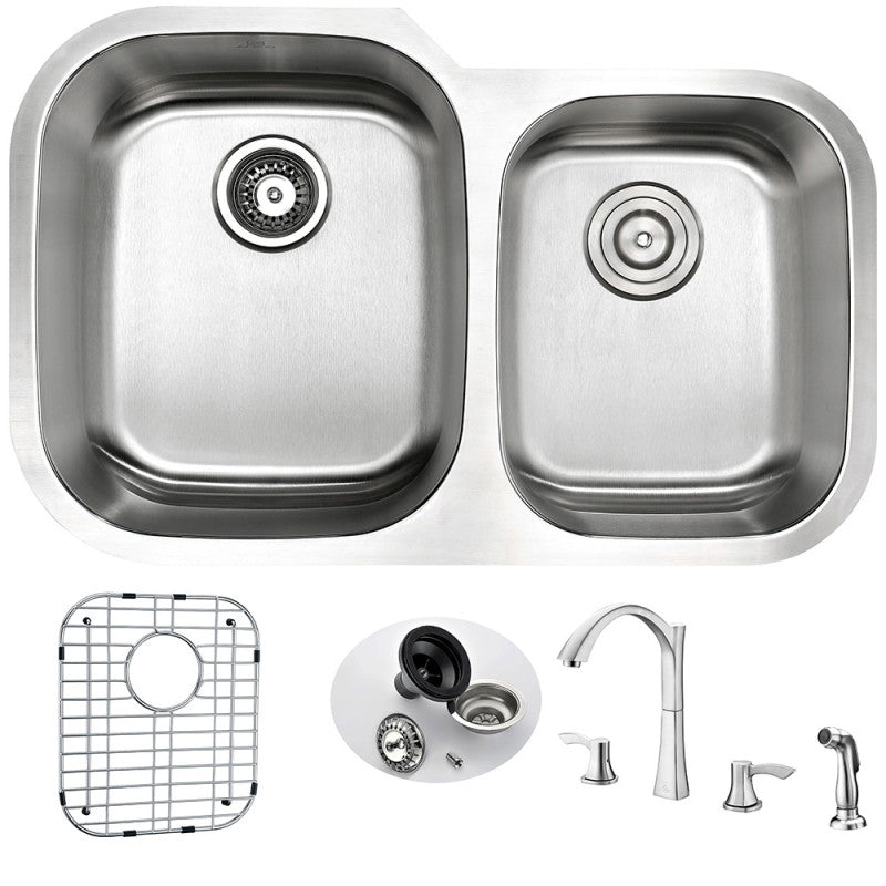 MOORE Undermount 32 in. Double Bowl Kitchen Sink with Soave Faucet in Brushed Nickel