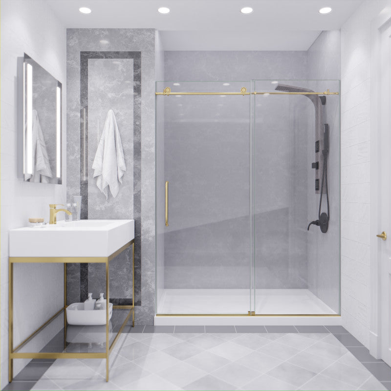 Leon Series 60 in. by 76 in. Frameless Sliding Shower Door in Brushed Gold with Handle