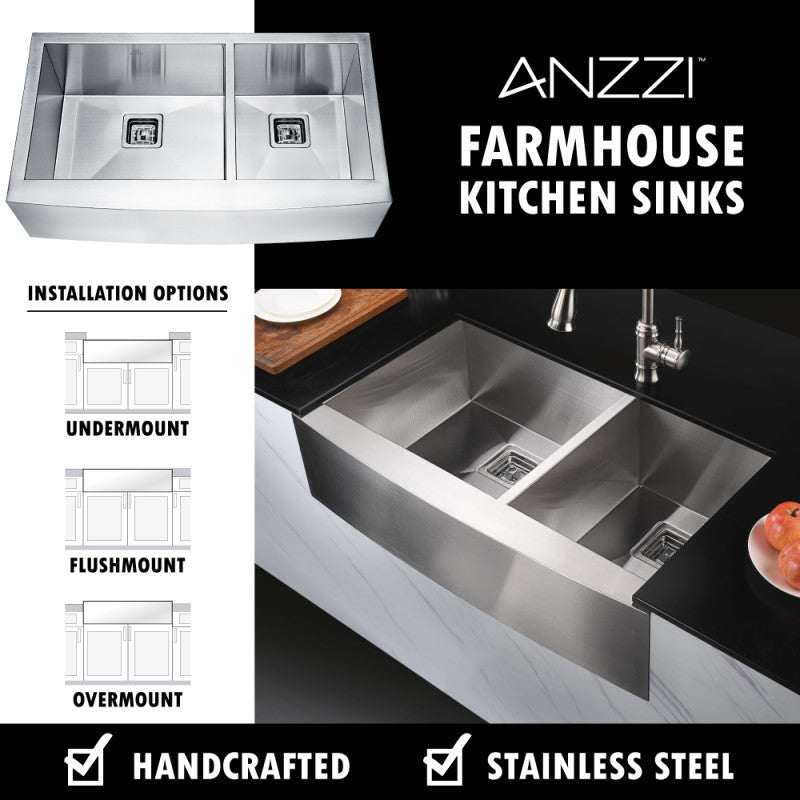 Elysian Farmhouse 36 in. 60/40 Double Bowl Kitchen Sink with Faucet in Brushed Nickel