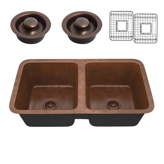 Eastern Drop-in Handmade Copper 32 in. 0-Hole 50/50 Double Bowl Kitchen Sink in Hammered Antique Copper